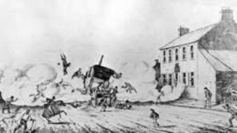 Explosões eram uma preocupação. A ilustração mostra o primeiro acidente autombilístco fatal da história: o carro a vapor de John Scott Russell explodiu na Escócia em 1834, matando quatro pessoas.