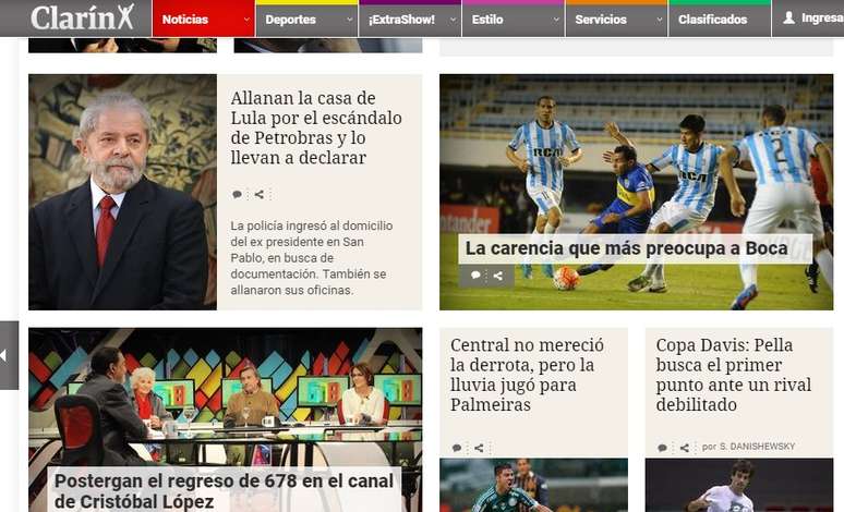 O jornal Clarín, da Argentina, destacou em sua capa da versão online com o título "Residência de Lula é revistada por causa do  escândalo da Petrobras e ele é levado para interrogação"