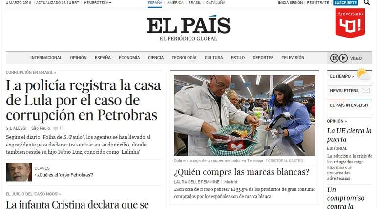 O jornal espanhol "El País" colocou em sua manchete da versão online a notícia da operação da PF na casa do ex-presidente Lula