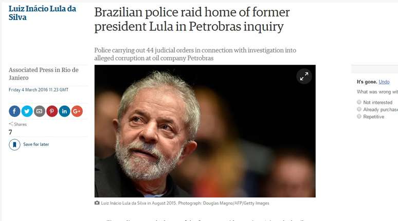 O "The Guardian", da Inglaterra, destacou a condução do ex-presidente Lula pela PF para depoimento e explicou sobre as suspeitas que envolvem o petista com seu apartamento no Guarujá (SP) e o sítio em Atibaia (SP)