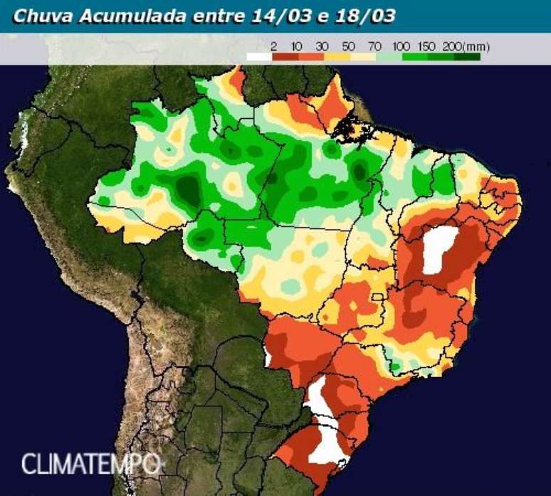 O mapa mostra os volumes de chuva previstos para o Brasil até o dia 18 de março. Os tons de verde representam volumes da ordem de 100 mm acumulados em cinco dias.