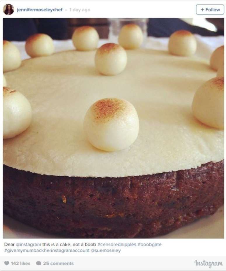 Jenny, que fez o bolo, também apelou ao app: Caro Instagram, isso é um bolo, não um seio