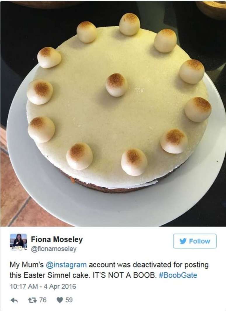 A conta de Instagram da minha mãe foi desativada porque ela postou esta foto de um bolo Simnel de Páscoa. NÃO É UM SEIO&#034;, postou no Twitter a filha Fiona