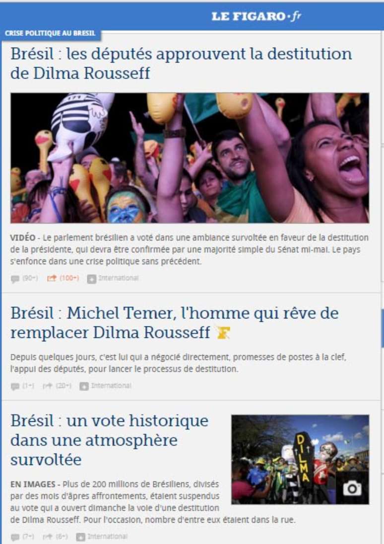 O francês Le Figaro destaca a aprovação do impeachment pela Câmara