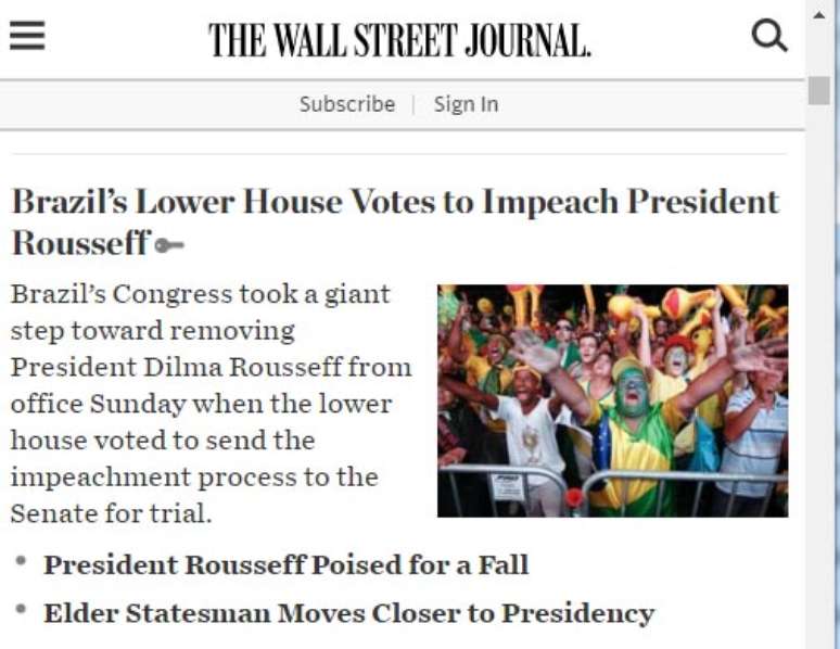 The Wall Street Journal publicou a decisão da Câmara sobre o impeachment de Dilma em sua manchete