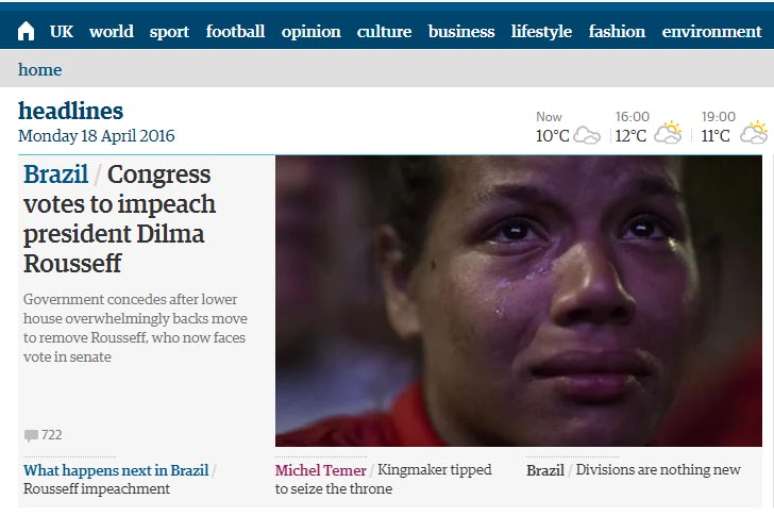 O britânico The Guardian destina quatro textos em suas manchetes, sendo um a respeito do que virá depois do impeachment no Brasil