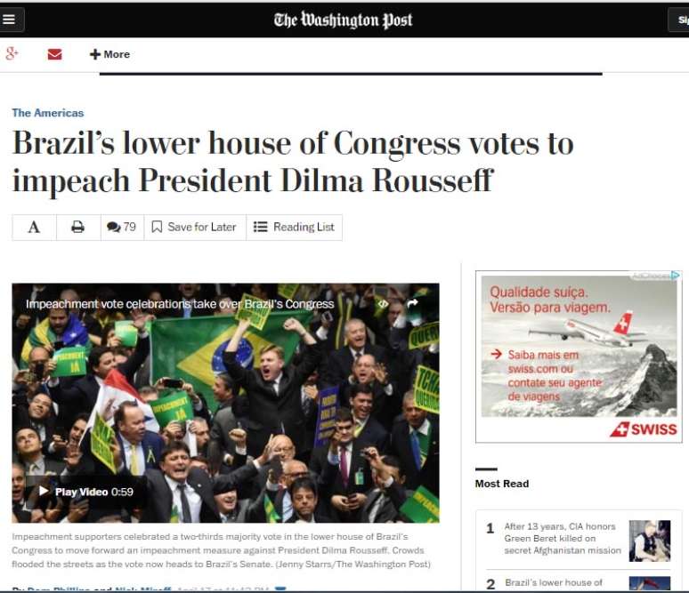 O americano The Whashington Post destina a sua manchete à aprovação do impeachment de Dilma pela Câmara de Deputados brasileira