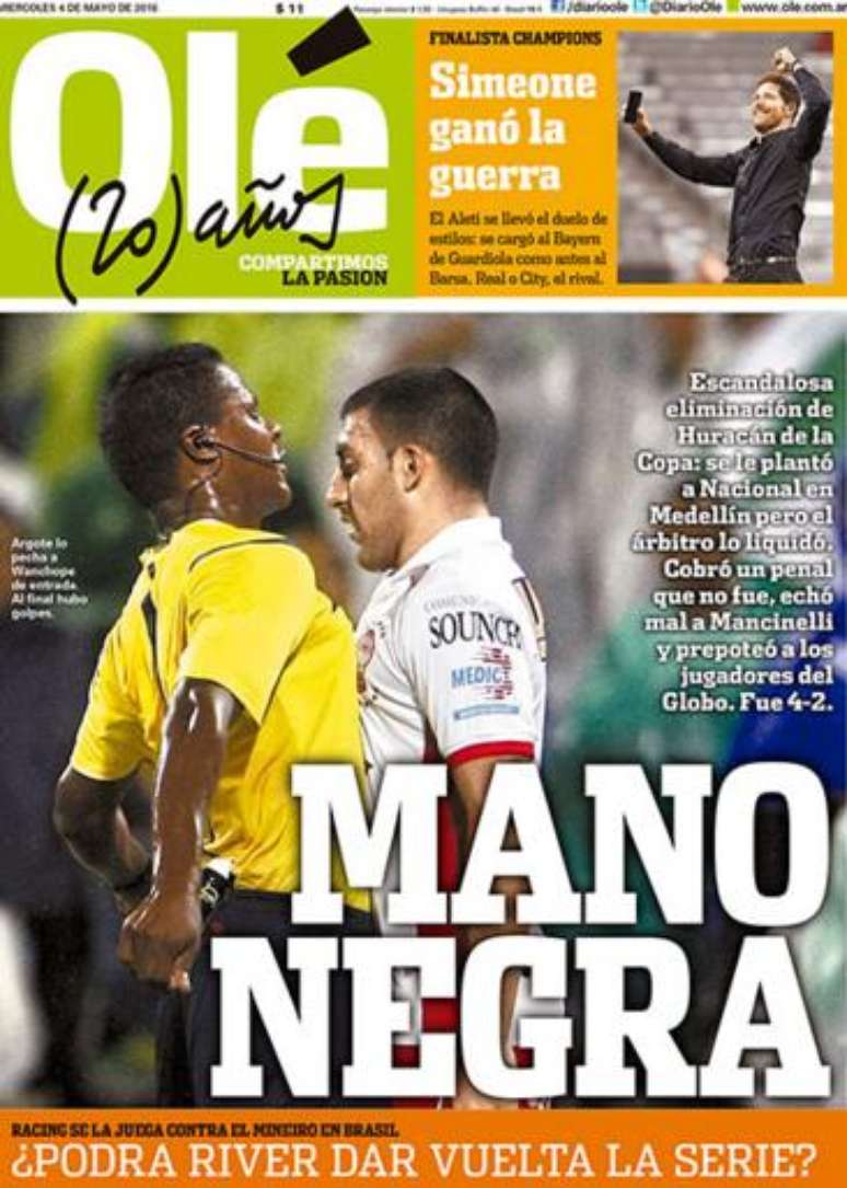 Manchete do jornal argentino critica duramente a arbitragem da partida entre Atlético Nacional e Huracán, que deu a vaga às quartas da Libertadores aos colombianos