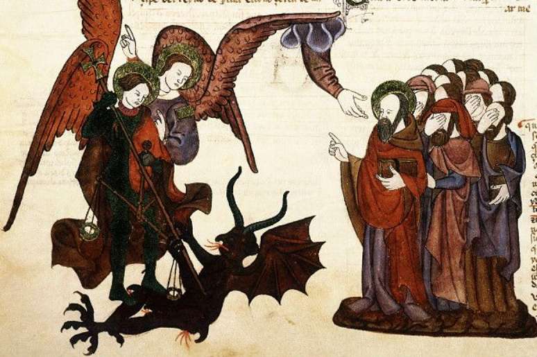 Na Bíblia de Alba, traduzida do hebraico para o castelhano medieval em 1430, o arcanjo Miguel luta contra Satanás