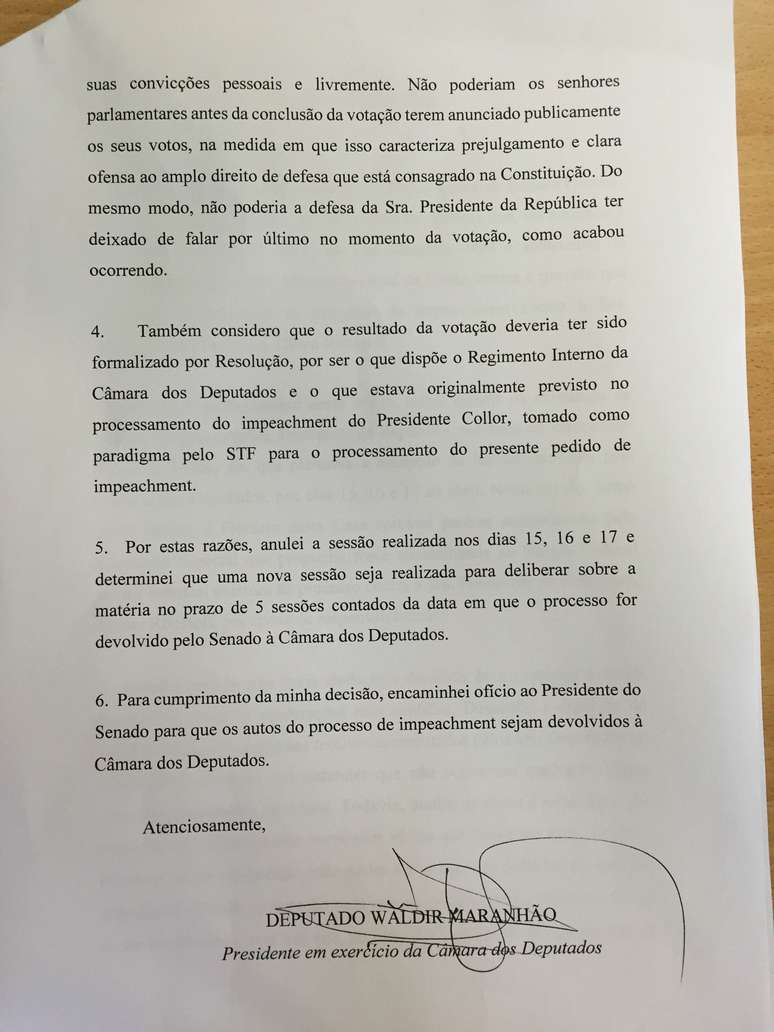 Nota publicada pelo presidente interino da Câmara, deputado Waldir Maranhão (PP-MA)