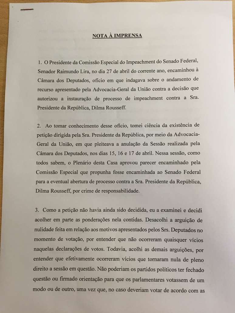 Nota publicada pelo presidente interino da Câmara, deputado Waldir Maranhão (PP-MA)