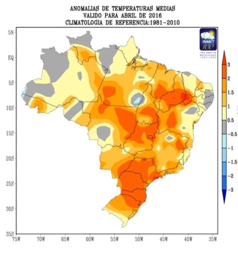 O mapa do Inmet mostra o aumento de temperatura em abril de 2016