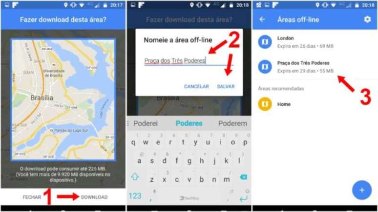 1) App alertará sobre espaço; 2) Nomeie o arquivo; 3) Mapas ficam no menu "Áreas off-line"