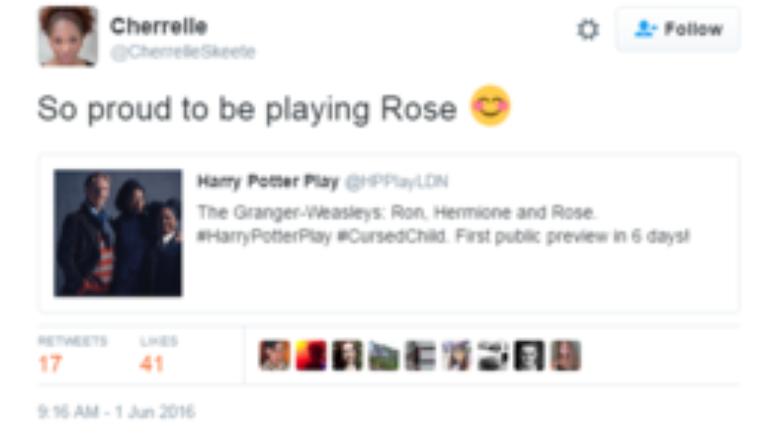 No Twitter, a atriz Cherrelle Skeete diz estar orgulhosa de representar Rose na pe&ccedil;a