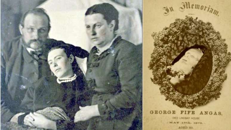 A capta&ccedil;&atilde;o fotogr&aacute;fica de exposi&ccedil;&atilde;o longa fazia com que os mortos parecessem mais n&iacute;tidos que os vivos exatamente por causa da aus&ecirc;ncia de movimento; &agrave; direita, um "memento mori"