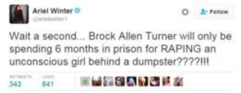 "Espere um segundo... Brock Allen Turner s&oacute; passar&aacute; seis meses na pris&atilde;o por estuprar uma garota inconsciente atr&aacute;s de uma lixeira?!", criticou uma usu&aacute;ria do Twitter