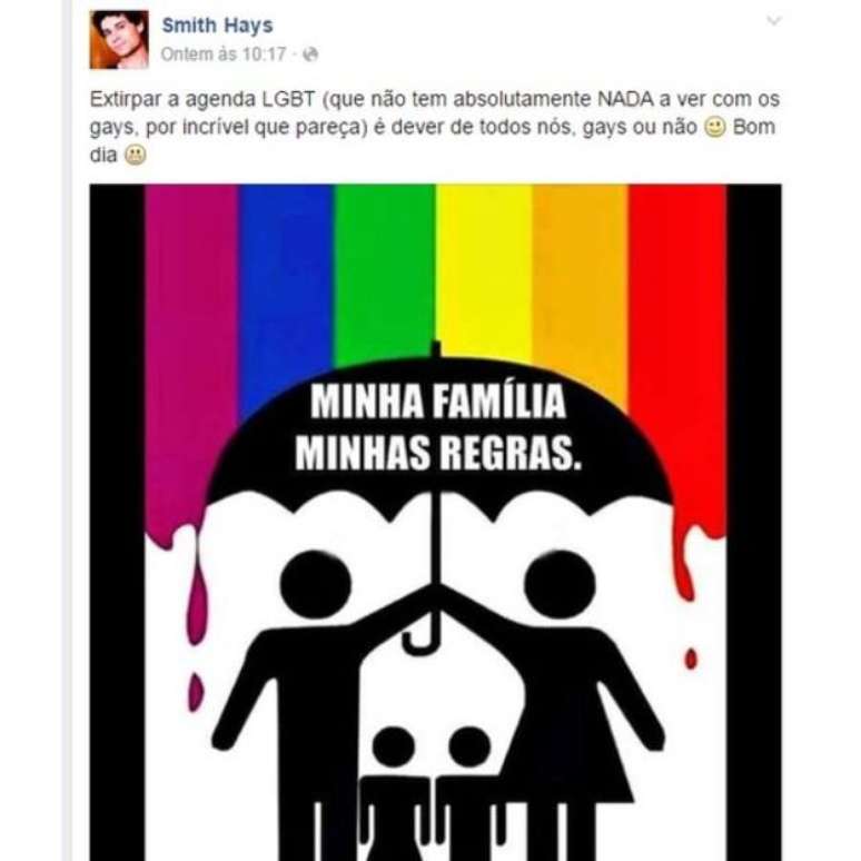 Hays faz críticas aos militantes LGBT em sua página 
