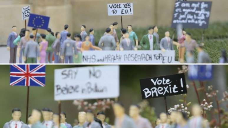 Miniaturas montadas em parque de Bruxelas reproduzem debate do "Brexit" no Reino Unido; Europa teme que eventual saída britânica tenha efeito destrutivo sobre bloco europeu 