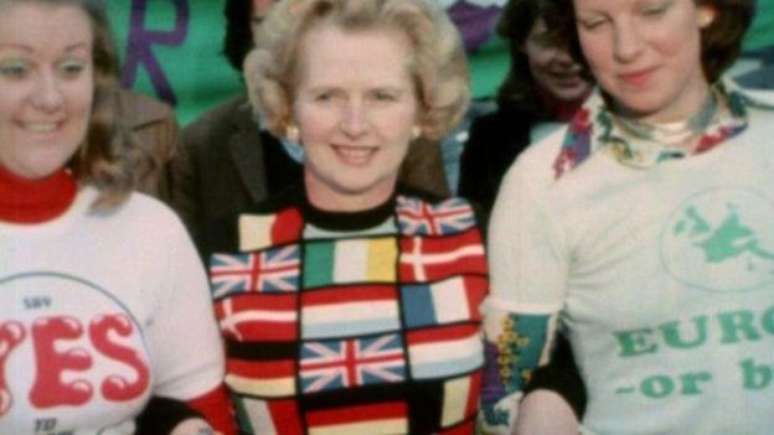 Em 1975, Margaret Thatcher era líder do Partido Conservador, de oposição, e fez campanha pelo &#034;sim&#034; 
