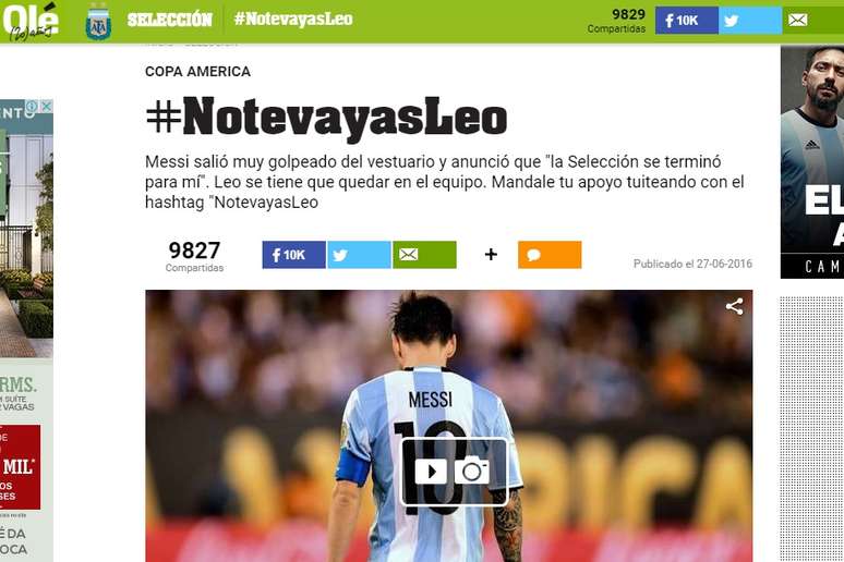 Jornal esportivo "Olé" está promovendo a hashtag #NotevayasLeo em apoio à permanência do craque na seleção argentina