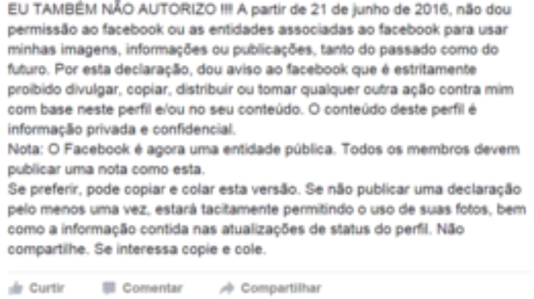 Declaração circula desde 2012 no Facebook, mas não tem qualquer efeito prático