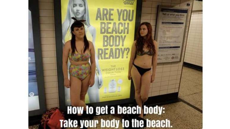 Blogueiras fizeram campanha contra anúncio; na imagem, o texto diz: 'Como ter um corpo pronto para a praia: leve seu corpo à praia' 