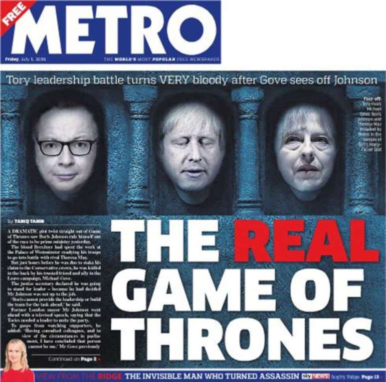 Jornal &#039;Metro&#039; transformou Michael Gove, Boris Johnson e Theresa May em personagens de &#039;Game of Thrones&#039; 