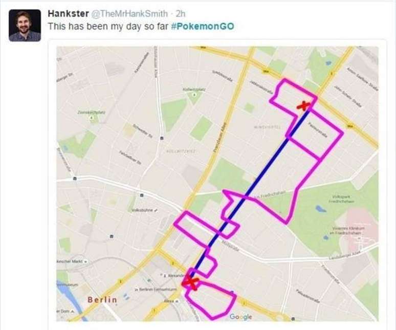 Jogador mostra caminho que fez nas ruas em busca de pokémons