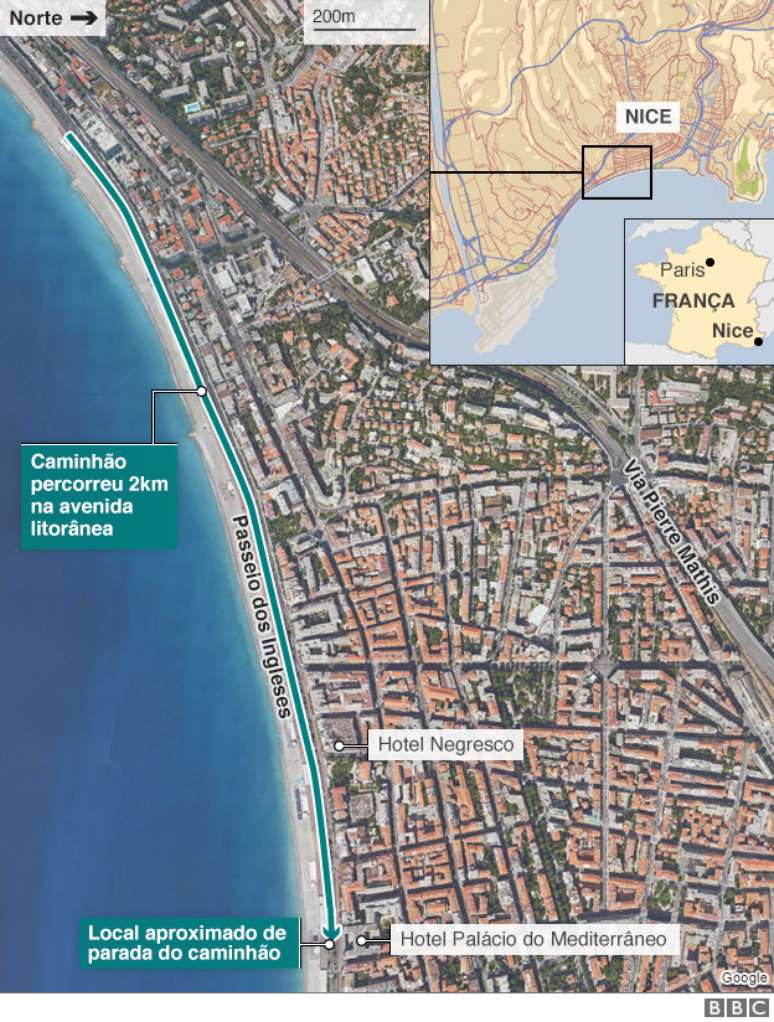 Mapa mostra rota do ataque com caminhão em Nice