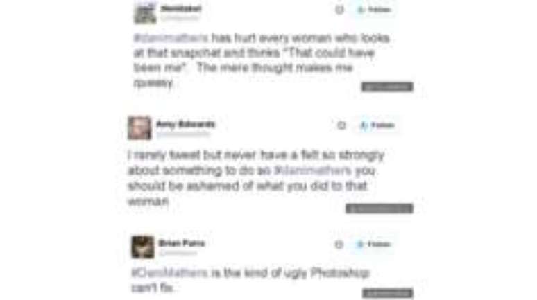 Alguns tu&iacute;tes em rea&ccedil;&atilde;o &agrave; postagem da modelo: 'Dani Mathers feriu cada mulher que olha para aquele Snapchat e pensa 'poderia ter sido eu'; 'Eu raramente tu&iacute;to, mas nunca me senti t&atilde;o indignada. Dani Mathers, voc&ecirc; deveria se envergonhar'; 'Dani Mathers tem o tipo de feiura que o Photoshop n&atilde;o consegue consertar'