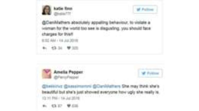 Outros coment&aacute;rios: 'O comportamento terr&iacute;vel de Dani Mathers, violar (a privacidade de) uma mulher para o mundo assistir, &eacute; nojento. Voc&ecirc; deveria ser presa'; 'Ela pode pensar que &eacute; bonita, mas acabou de mostrar o quanto ela &eacute; feia'