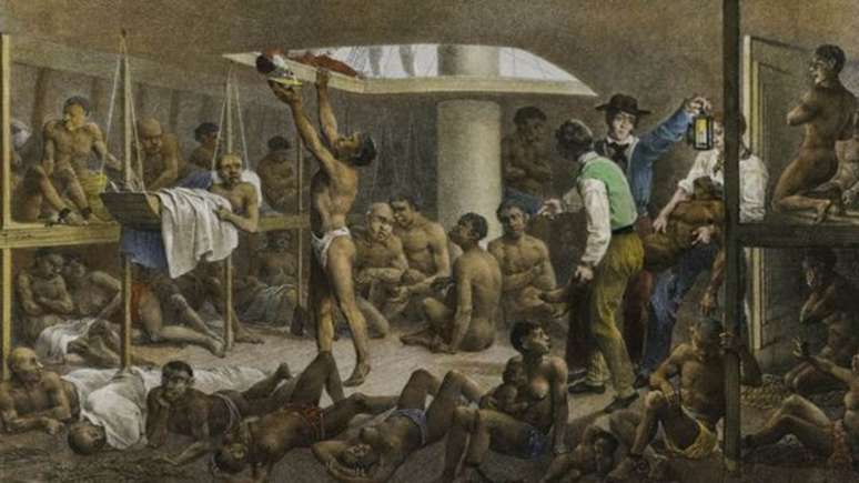 Navio negreiro em reprodução do século 19 do pintor Johann Rugendas; para escravos, era mais fácil superar entrave à ação coletiva em barcos menores, afirma autor 