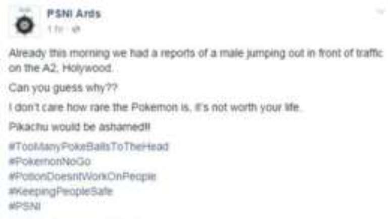 Post da polícia irlandesa alerta para 'perigo' de caça ao Pokemon Go