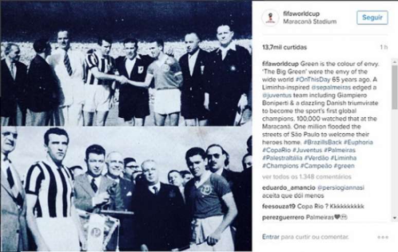 Fifa presta homenagem ao Palmeiras pelos 65 anos do título da Copa Rio em seu perfil (Foto: Divulgação/Instagram)
