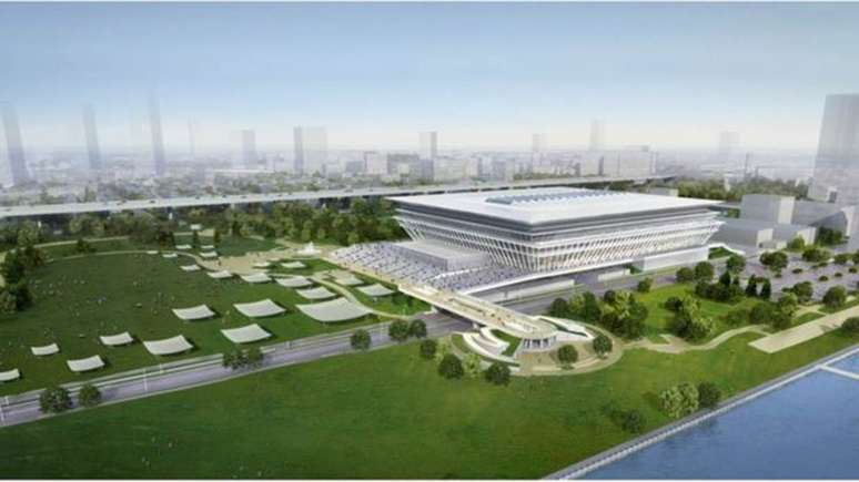 Projeção de como deve ficar o novo Centro de Esportes Aquáticos de Tóquio para 2020 