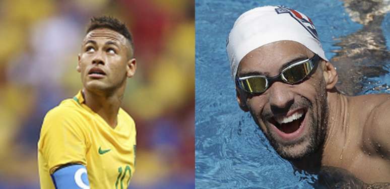 A esquerda na imagem, Neymar, capitão da Seleção Olímpica de futebol masculino. À direita, Michael Phelps, na piscina da Olimpíada da Rio 2016