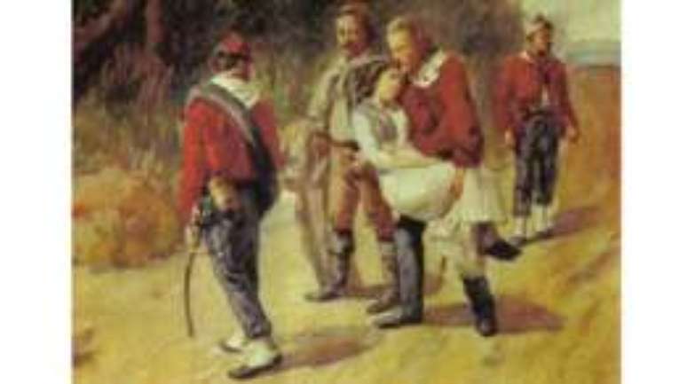 V&aacute;rios quadros retratam Anita &agrave; beira da morte, carregada por Garibaldi