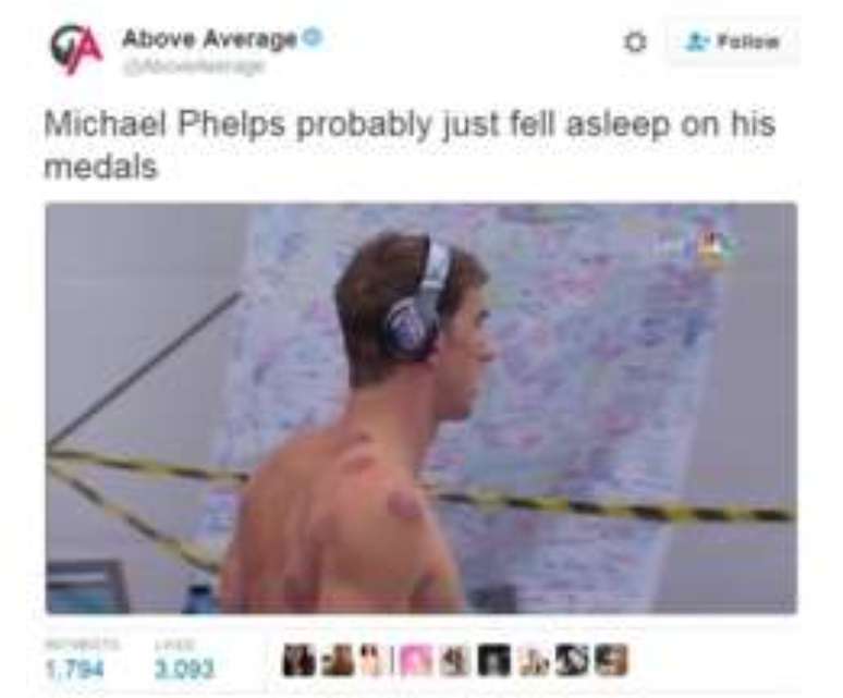 Tuíte com piada sobre as marcas de Phelps: "provavelmente ele dormiu em cima das suas melhadas"