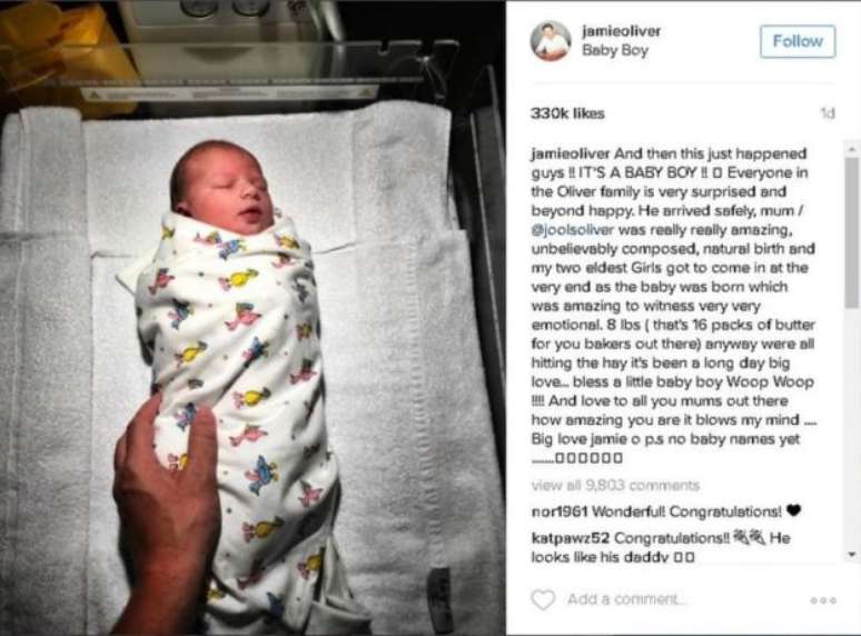 O chef e apresentador Jamie Oliver tamb&eacute;m deu not&iacute;cias do nascimento de seu filho