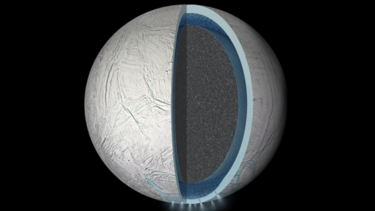 A lua Encélado, de Saturno, também possui oceanos sob grossas camadas de gelo