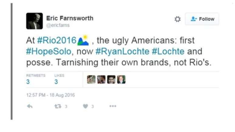 Twitter de Eric Fansworth sobre Hope Solo e Ryan Lochte mancharem suas reputações, e não a do Rio de Janeiro