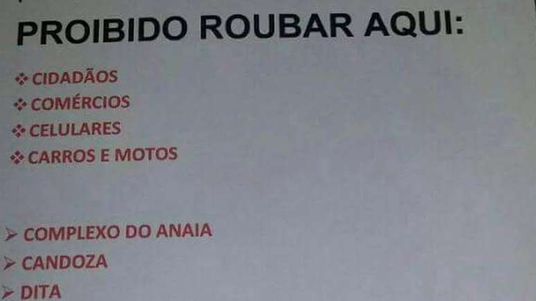 Trecho de cartaz especifica em quais bairros e o que é 'proibido' roubar em São Gonçalo