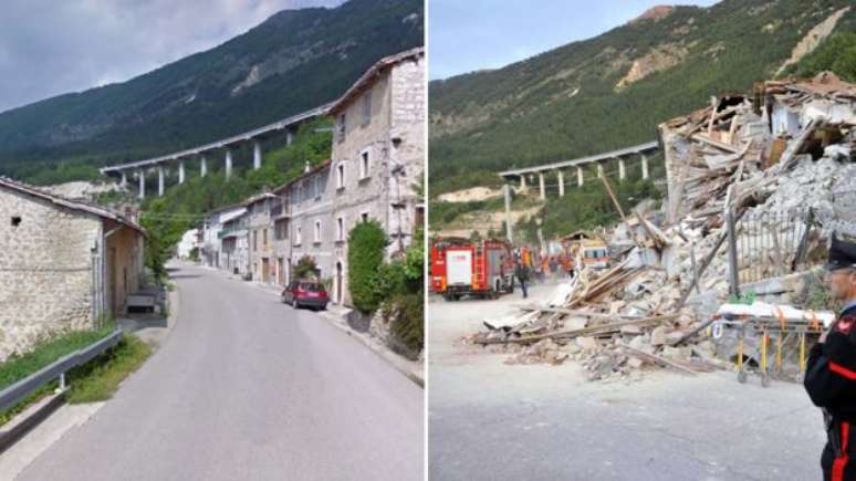Imagens mostram o antes e depois do terremoto no vilarejo de Pescara del Tronto