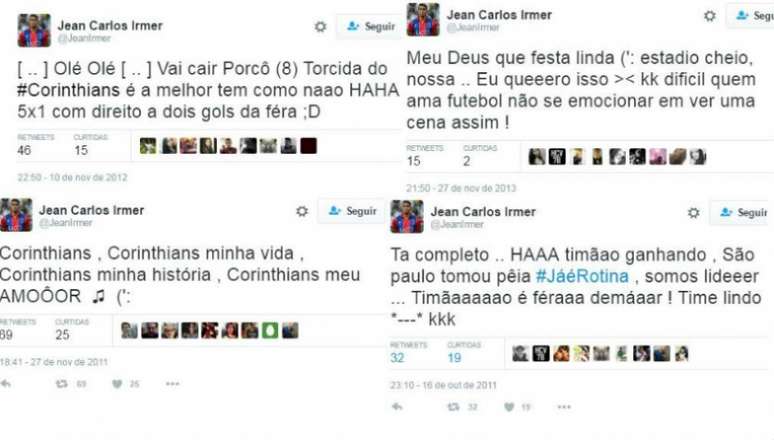 Twitter de Jean tem mensagens provocativas aos rivais do Corinthians em 2011, 2012 e 2013 (Foto: Reprodução)