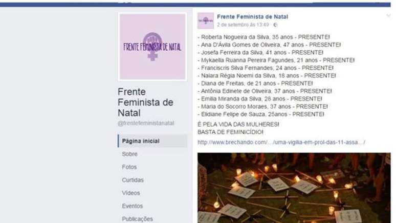 Página da Rede Feminista de Natal no Facebook lista vítimas de feminicídio: foram ao menos 11 em agosto