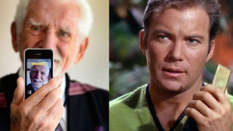 Martin Cooper (esq.), inventor do celular, e o capitão Kirk (dir.) usando seu comunicador na série 'Star Trek'