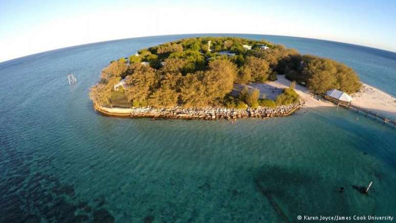 Durante o seu trabalho, a pesquisadora ambiental Karen Joyce pode apreciar uma bela vista da vida marinha na Grande Barreira de Corais, na Austrália. Esta fotografia mostra a Ilha de Heron. No canto inferior direito da imagem podem ser vistos os corpos achatados de duas arraias.