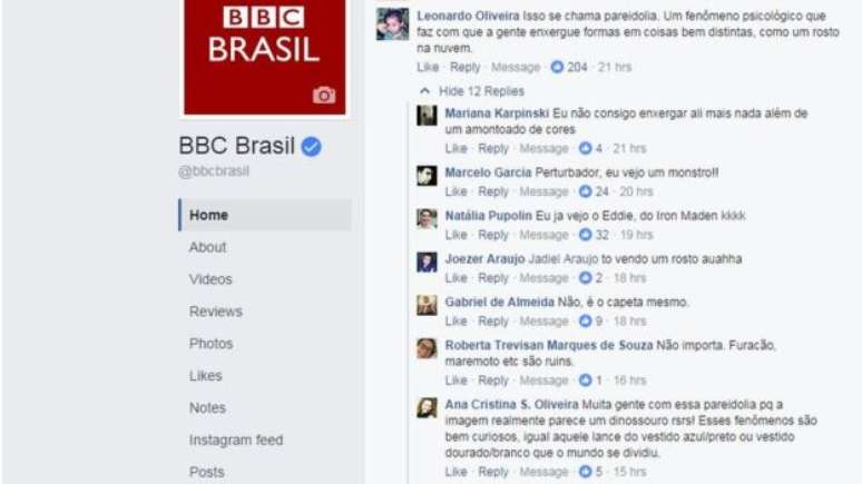 No Facebook da BBC Brasil, leitores apontaram o fenômeno psicológico de "ver coisas" distintas em imagens