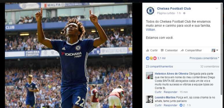 "Estamos com você", escreveu o Chelsea no Facebook em solidariedade a Willian, que perdeu a mãe
