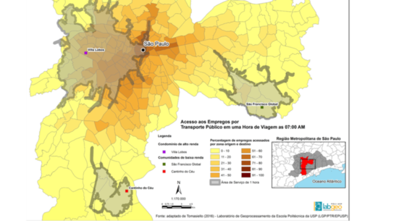 Mapa mostra zonas acessíveis por tempo de viagem em transporte público: periferia tem baixa acessibilidade 